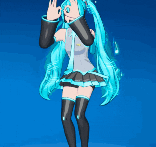 a cartoon girl with blue hair and black thigh high socks