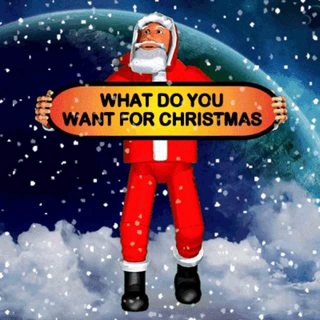 a cartoon of santa claus holding a sign that says what do you want for christmas