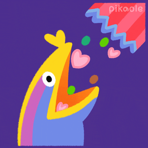 a colorful drawing of a fish with hearts coming out of its mouth and the name pikaole on the bottom right