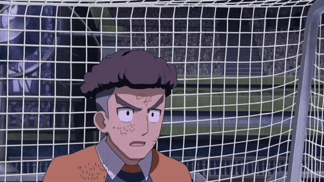 a cartoon character is standing in front of a net