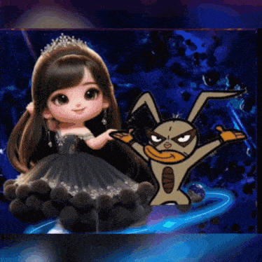 a doll in a black dress stands next to a cartoon character