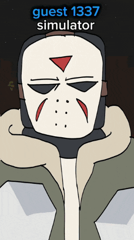 a cartoon of a person wearing a hockey mask with guest 1337 simulator written above it