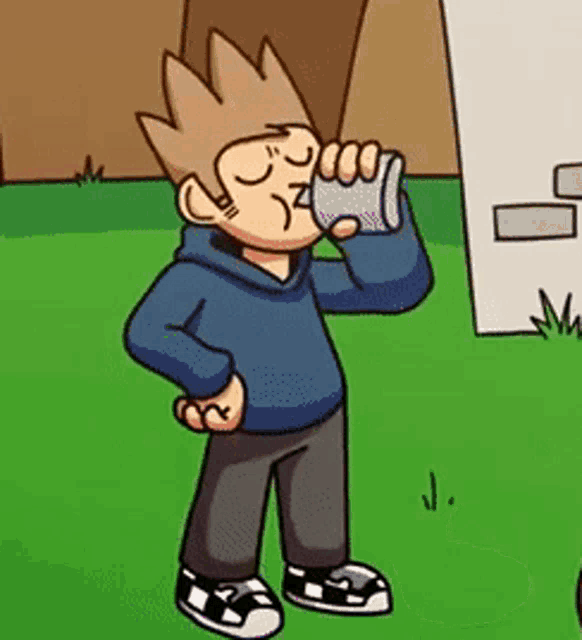 a cartoon of a boy drinking from a can .
