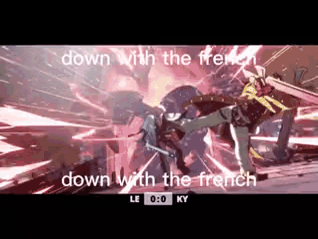 a video game scene with a caption that says down with the french down with the french .