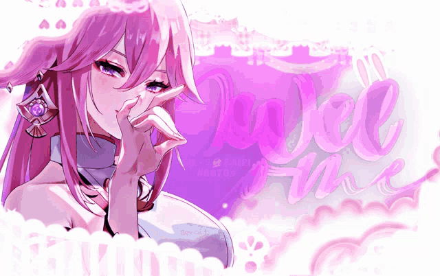 a picture of a girl with pink hair and a purple background that says ' jewel me '