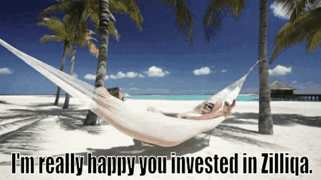 a person laying in a hammock on a beach with the words i 'm really happy you invested
