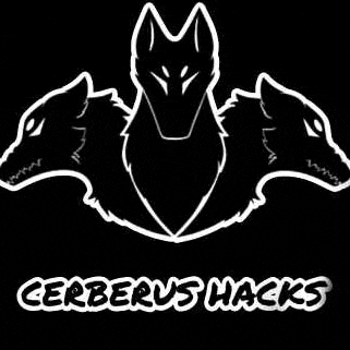 the logo for cerberus hacks is a black and white drawing of three wolves .