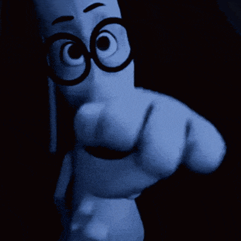 a close up of a cartoon character pointing at the camera