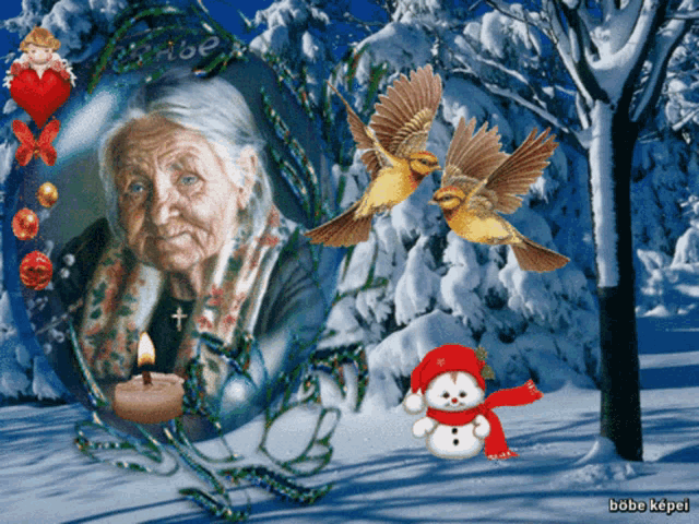 a picture of an elderly woman surrounded by birds and a snowman with the name bobe written on the bottom right