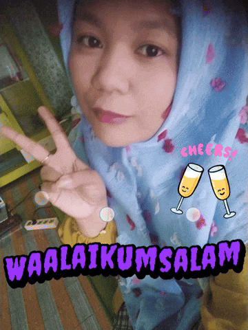 a girl in a blue hijab is giving a peace sign and the words waalaikum salam are written below her