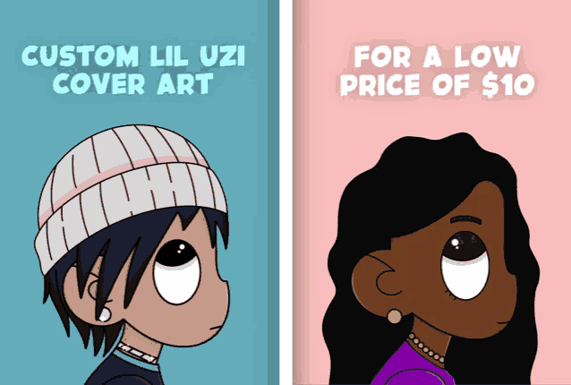 a man and a woman are on a blue and pink background with the words custom lil uzi cover art for a low price of $ 10
