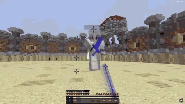 a screenshot of a minecraft game shows a player with a sword