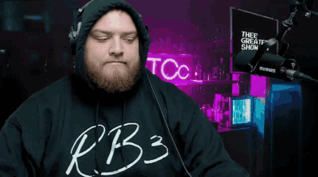 a man with a beard is wearing a hooded jacket and headphones with a sign that says b1 in the background