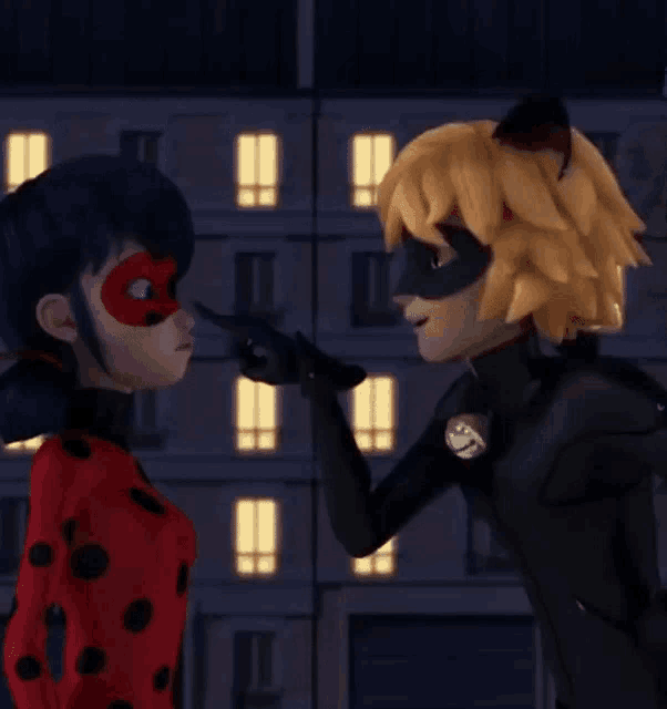 a ladybug and cat noir from miraculous ladybug are standing next to each other in front of a building .