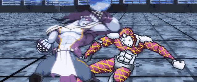 a pixel art drawing of a man and a woman fighting each other .