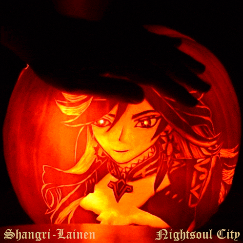 a pumpkin with a picture of a girl carved into it and the words nightsoul city on the bottom