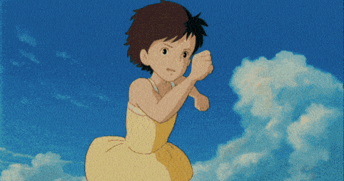 a girl in a yellow dress is standing in front of clouds