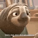 a cartoon sloth is smiling and holding a cookie in his hand .