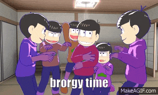 a group of cartoon characters are standing in a room and the words brorgy time are on the screen