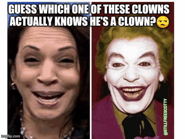 a woman is smiling next to a picture of a clown