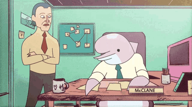 a cartoon of a man and a dolphin with the name mcclane