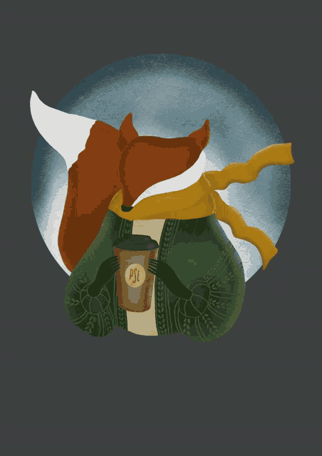 an illustration of a fox holding a cup that says psi
