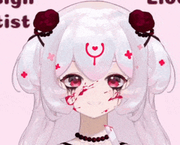 a girl with white hair and red eyes has a bloody face