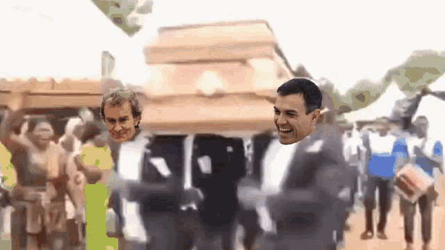 two men carrying a coffin with their heads on it