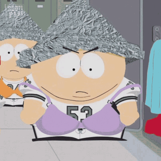 a cartoon character from south park wearing a purple bra