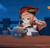 a girl is sitting at a table with a teapot and cups on it .
