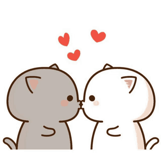 a couple of cats kissing each other with hearts floating in the air .