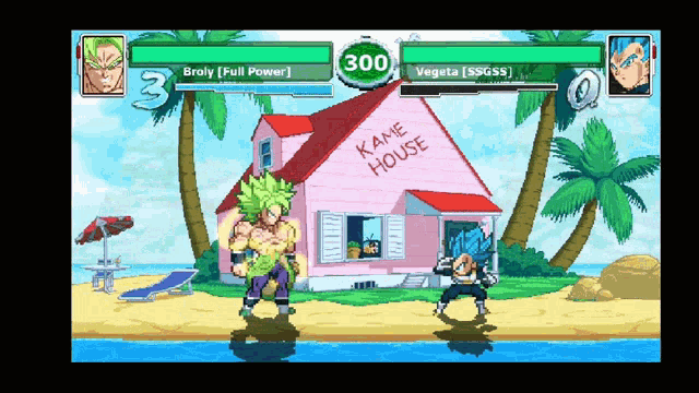 a video game shows broly and vegeta fighting in front of a house that says kane house