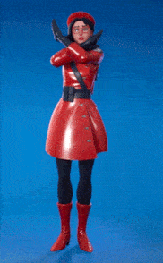 a woman in a red dress with a backpack