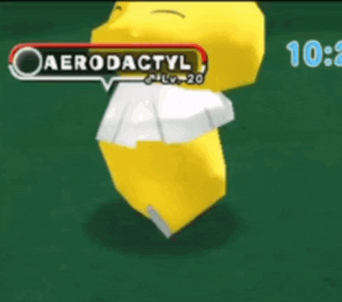 a yellow cartoon character with the name aerodactyl on it .