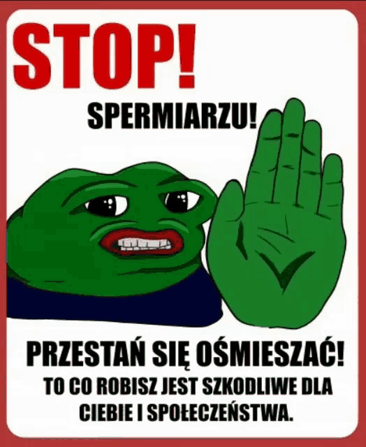 a stop sign with a green frog making a stop gesture