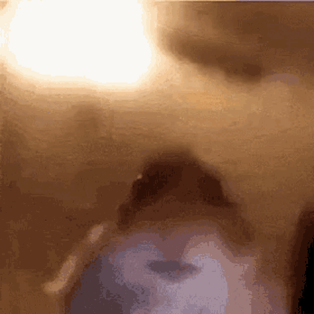 a close up of a person 's face in a blurry photo with a light behind them .