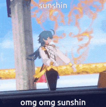a cartoon character is standing next to a pillar with the words omg omg sunshin on the bottom