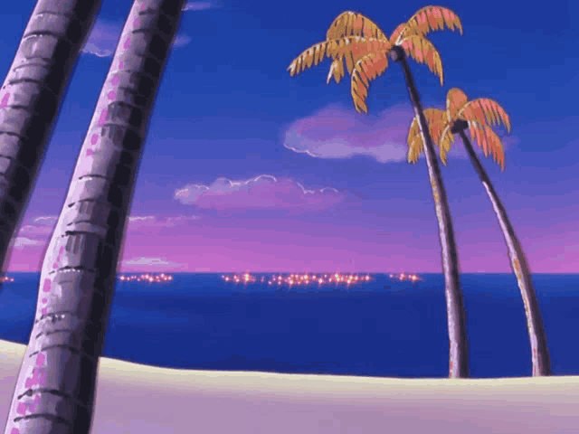 a painting of palm trees on a beach with a purple sky in the background