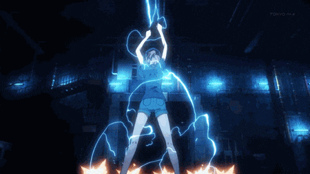 a person is standing in a dark room with a lightning bolt coming from their hands .