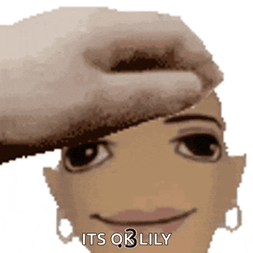 a pixel art of a woman 's face with a hand on it and the words `` its ob lily '' .