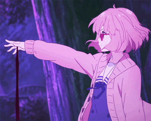a girl with pink hair and glasses is holding a leash