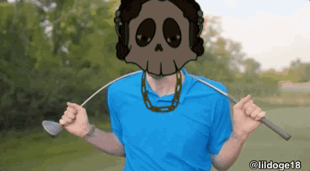 a man in a blue shirt is holding a golf club and has a skull on his face