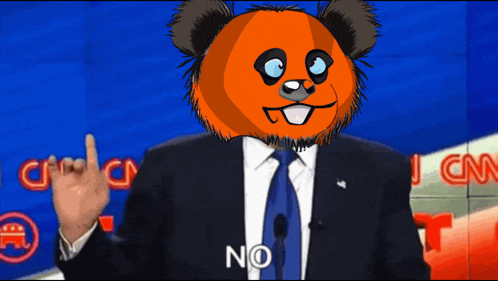 a man in a suit and tie is wearing a panda mask and giving the middle finger