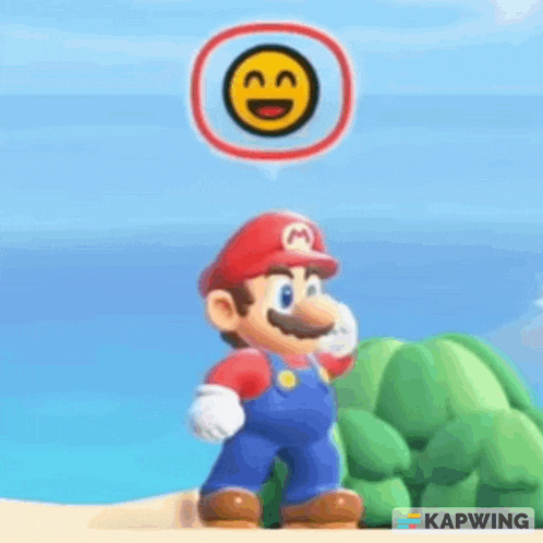 mario is holding a red spoon in his hand and a smiley face is floating above him .