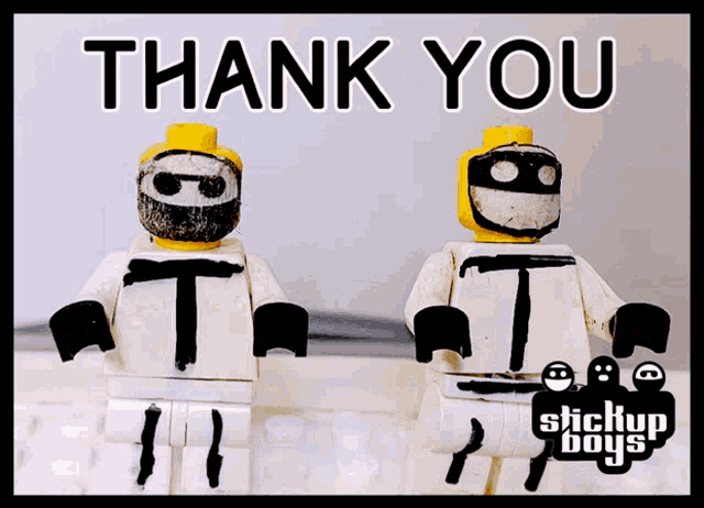 two lego figures are standing next to each other with the words " thank you " written above them