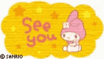 a yellow sign with a pink bunny and the words `` see you ''