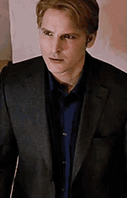 a man is wearing a suit and a blue shirt .