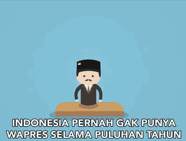 a man in a suit and tie is standing under a sign that says 17 tahun tanpa wapres