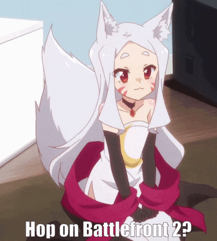a picture of a fox girl with the words hop on battlefront 2