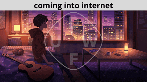 a person sitting on a bed with a guitar and the words coming into internet